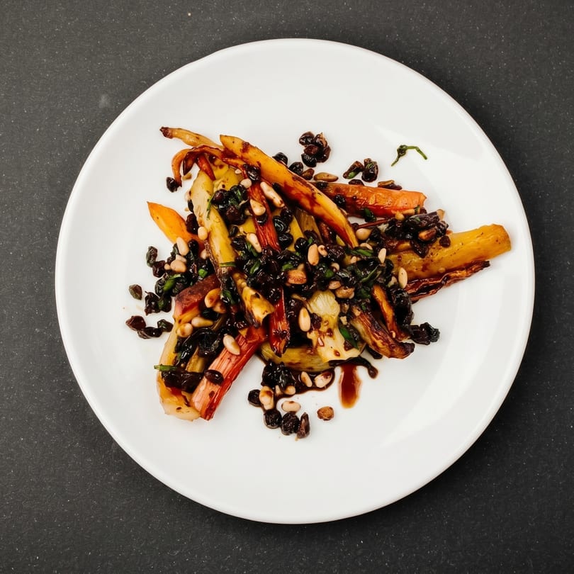 Roasted carrots and parsnips with pine nuts, raisins, and herbs on a white plate.