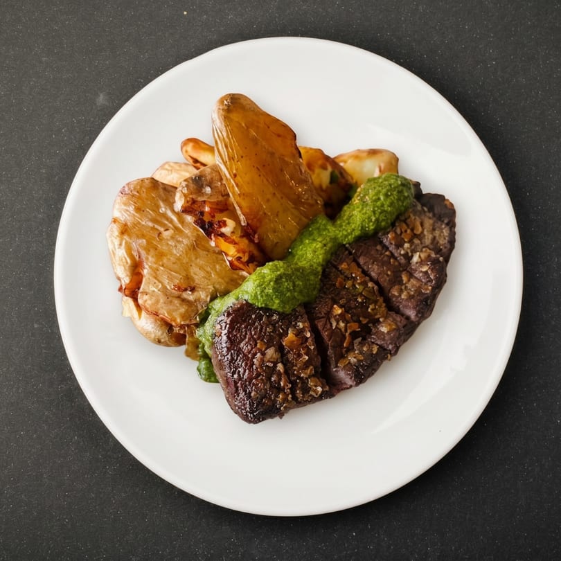 Grilled steak with green sauce and roasted potatoes on a white plate.