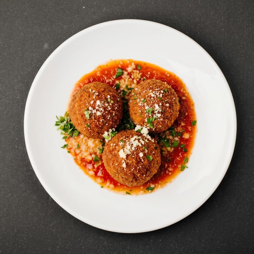 Three golden-brown arancini balls with tomato sauce, parmesan, and parsley on a white plate.