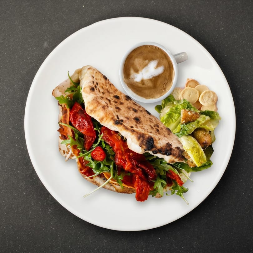 A flatbread sandwich with sun-dried tomatoes and arugula, served with a side salad and coffee.