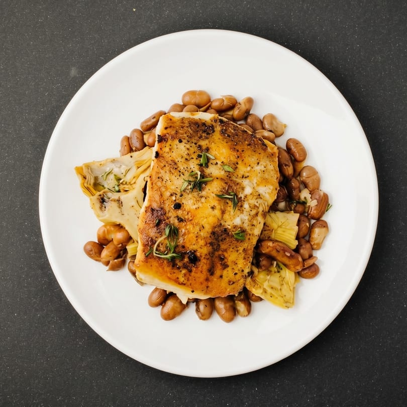 Pan-seared fish fillet with broad beans and artichoke hearts, garnished with herbs on a white plate.