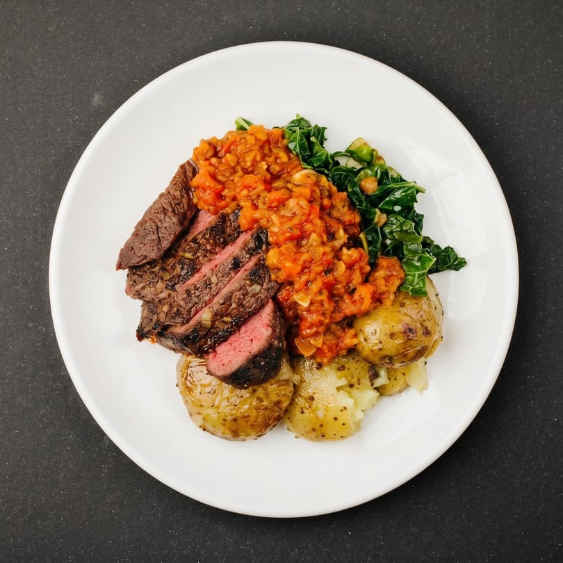 Sliced steak with red sauce, roasted potatoes, and green vegetables on a white plate.