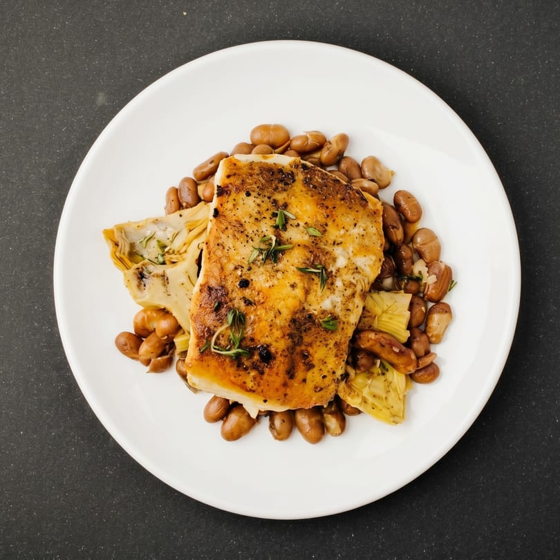 Pan-seared fish fillet with herbs, served on a bed of brown beans and artichoke hearts.